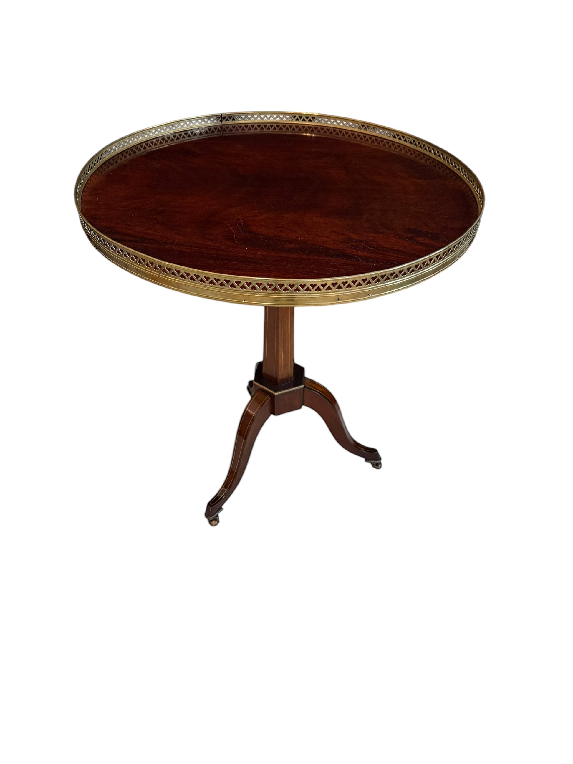 Grand Expressions Gallery and Home Store 18th century mahogany tripod side table with a pierced brass gallery.