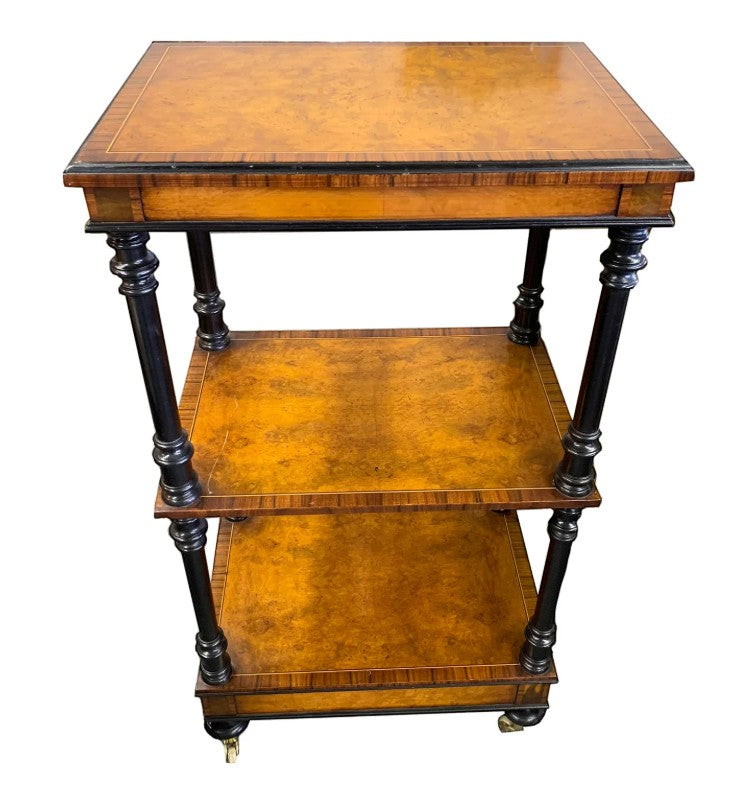 Grand Expressions Gallery and Home Store Italian burled wood triple shelf unit with black trim and storage drawer.
