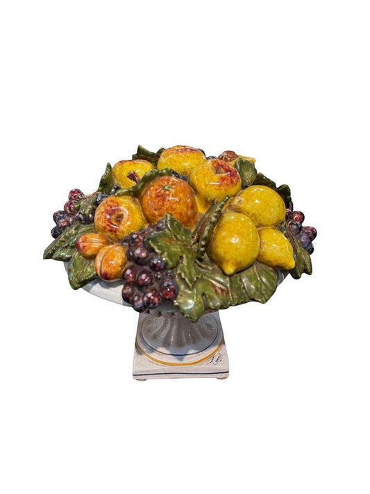 Grand Expressions Gallery and Home Store vintage Italian majolica ceramic fruit basket with hand-painted fruit decor.