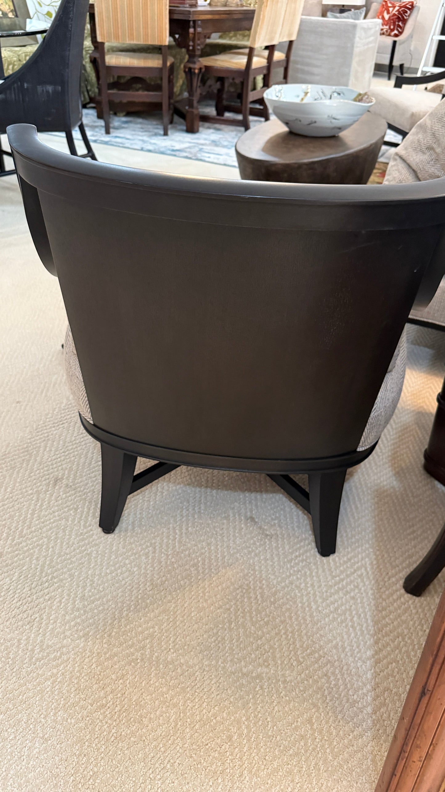Grand Expressions Gallery and Home Store Knob Hill lounge chair with dark Java wood frame and textured fabric back.