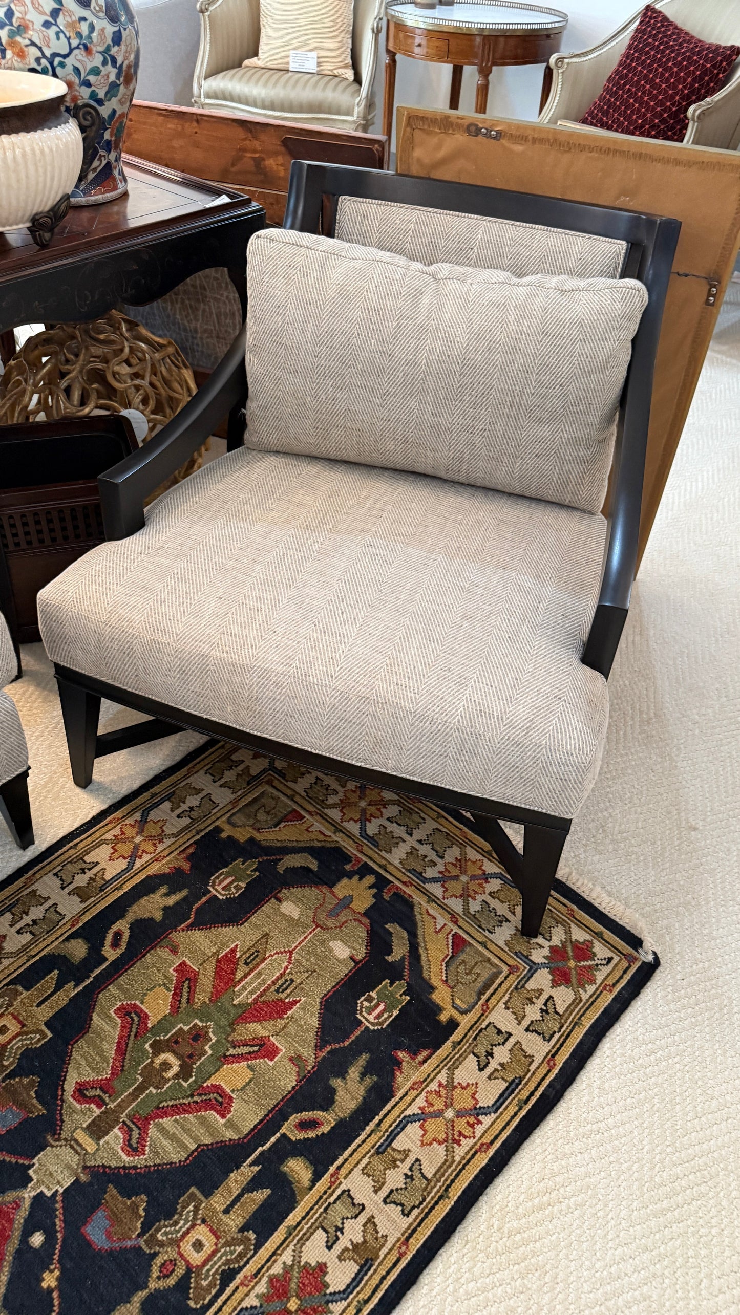 Grand Expressions Gallery and Home Store Knob Hill lounge chair with java wood frame and beige herringbone fabric.