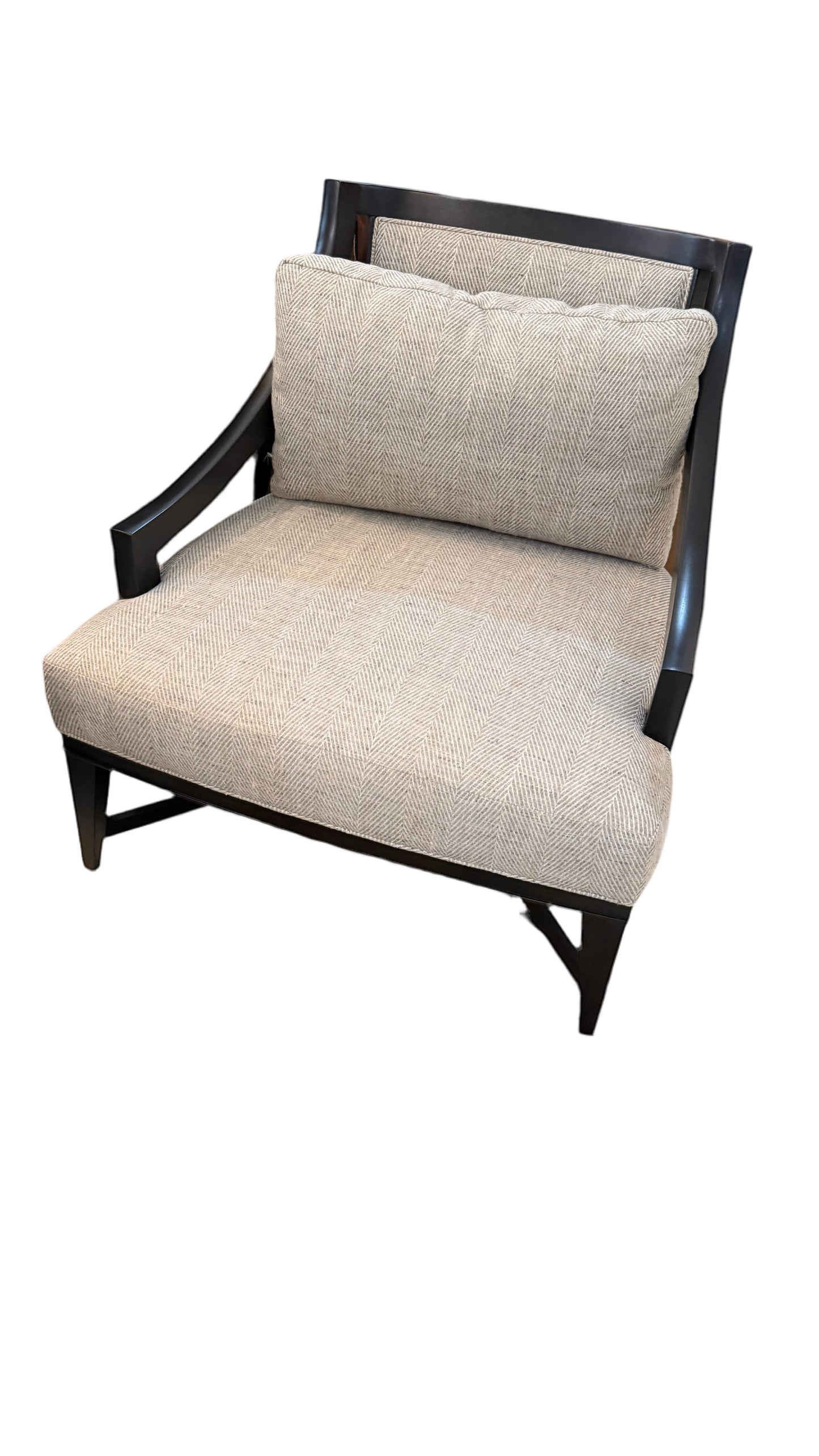 Grand Expressions Gallery and Home Store Knob Hill lounge chair with java wood frame and textured beige fabric.