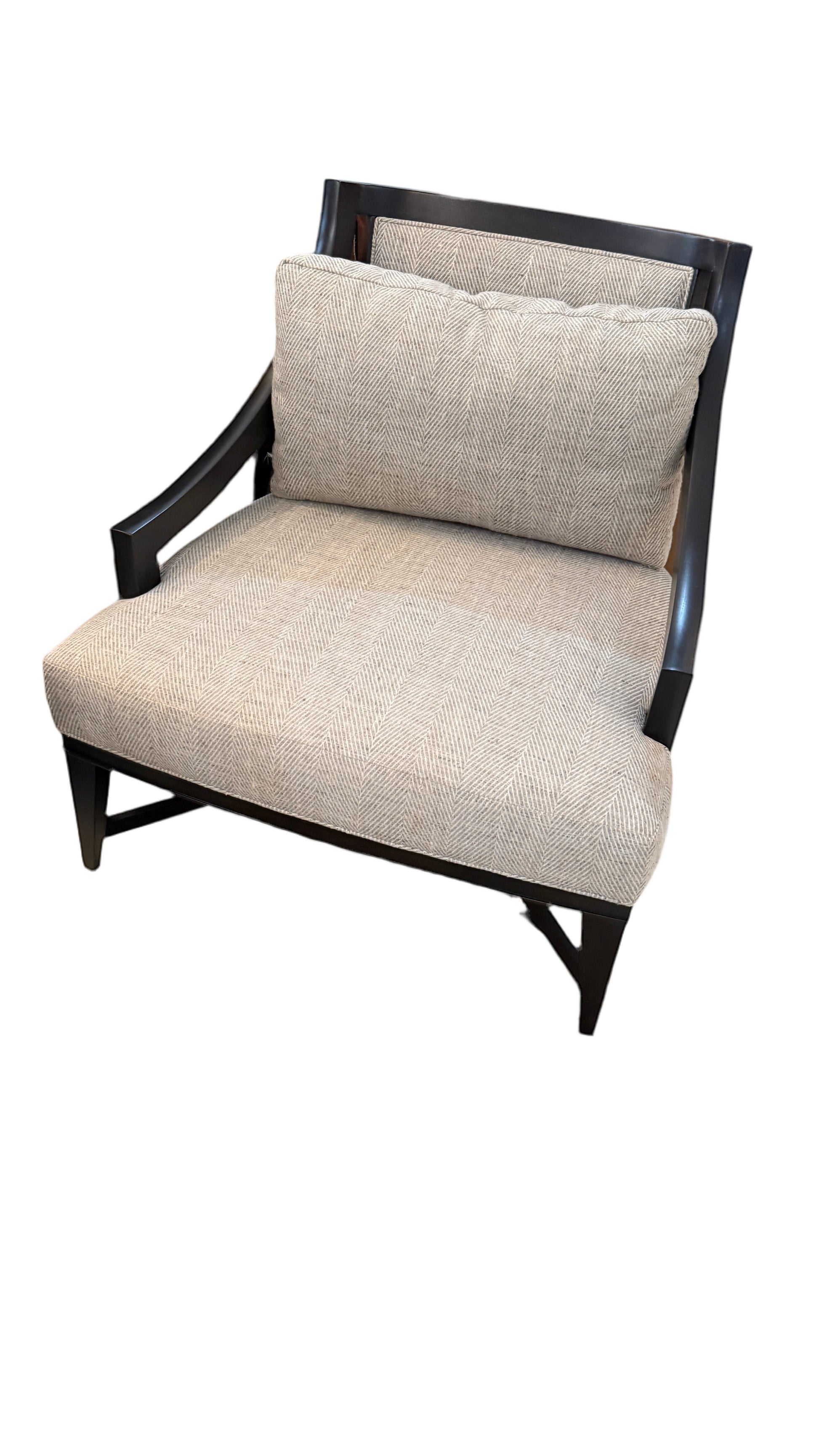 Grand Expressions Gallery and Home Store Knob Hill lounge chair with java wood frame and textured beige fabric.