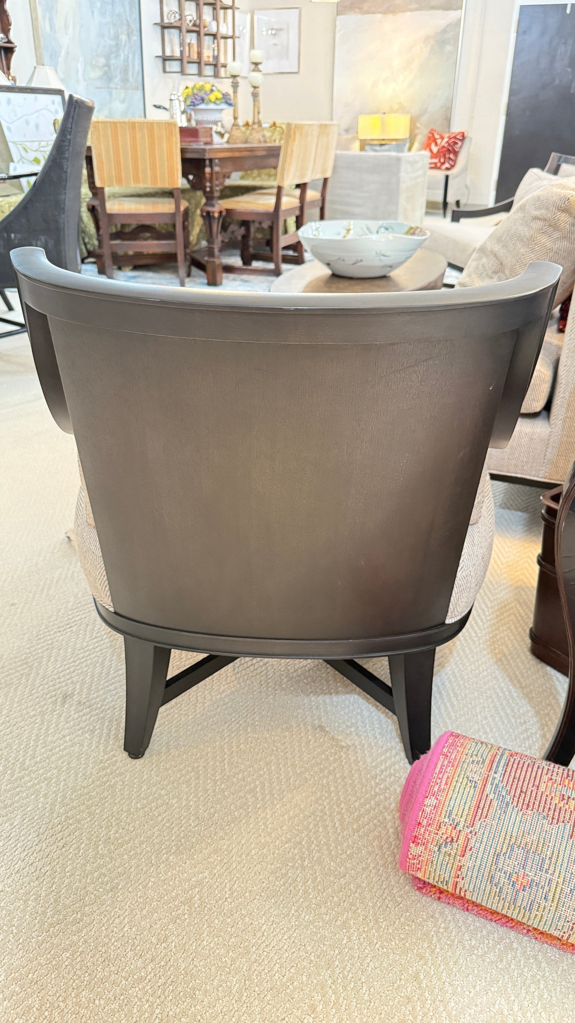 Grand Expressions Gallery and Home Store Knob Hill lounge chair with a curved Java finish wood frame and textured back