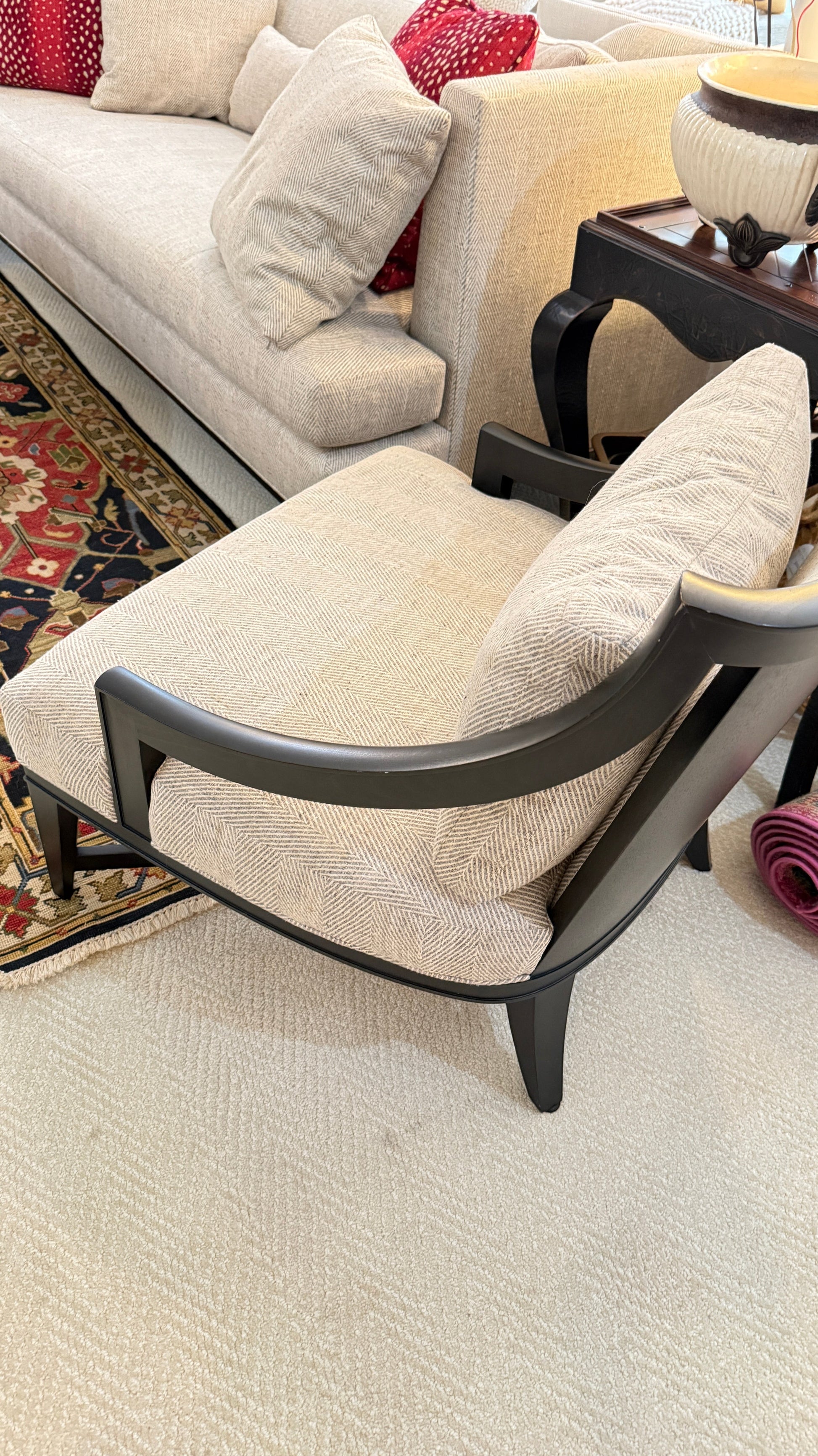 Grand Expressions Gallery and Home Store Knob Hill lounge chair with beige herringbone fabric and dark wood frame.
