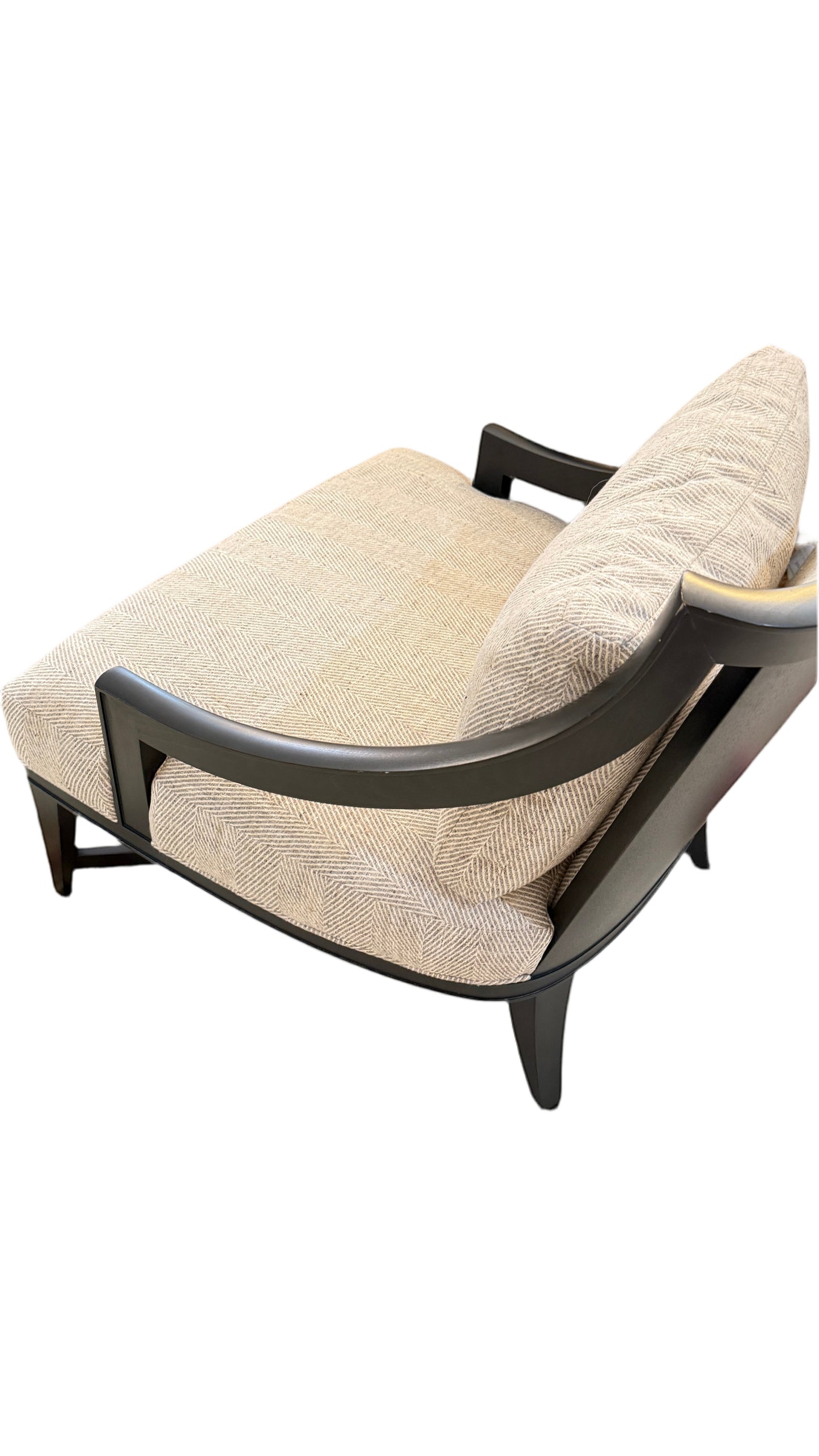 Grand Expressions Gallery and Home Store Knob Hill lounge chair with textured beige fabric and dark Java wood frame.