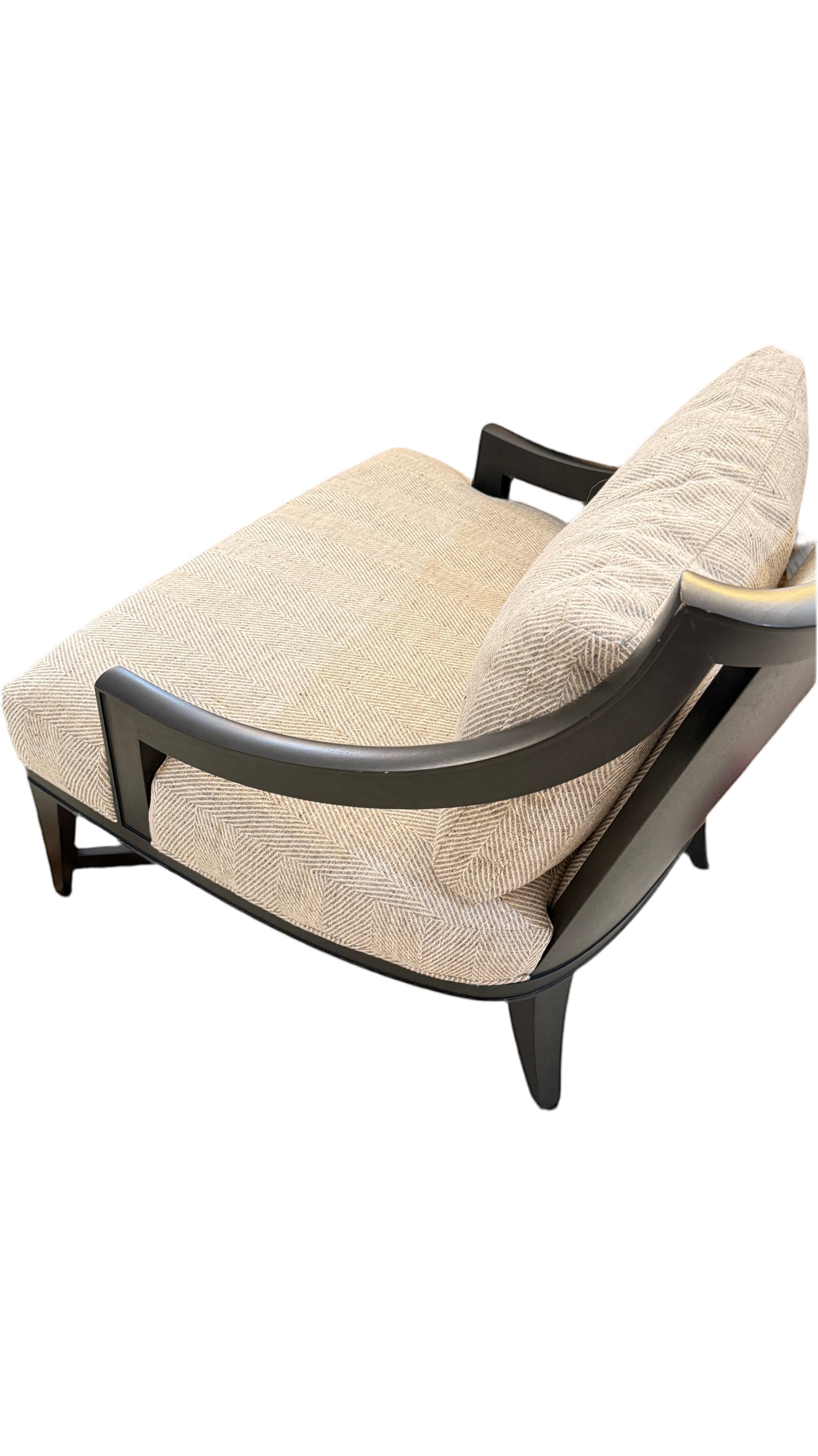 Grand Expressions Gallery and Home Store Knob Hill lounge chair with textured beige fabric and dark Java wood frame.