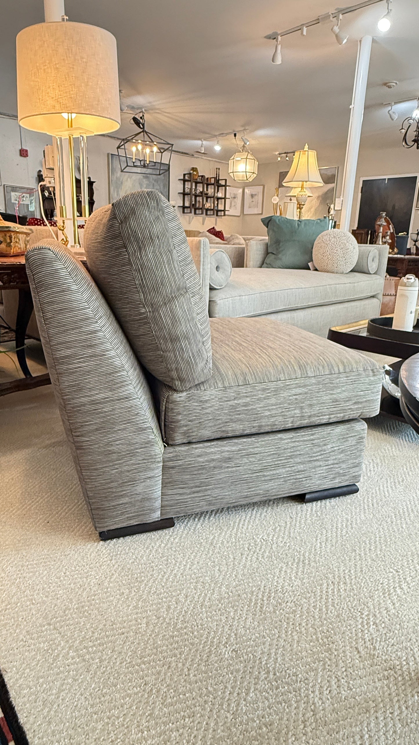 Kravet Furniture custom slipper chair in black and silver striped fabric at Grand Expressions Gallery and Home Store.