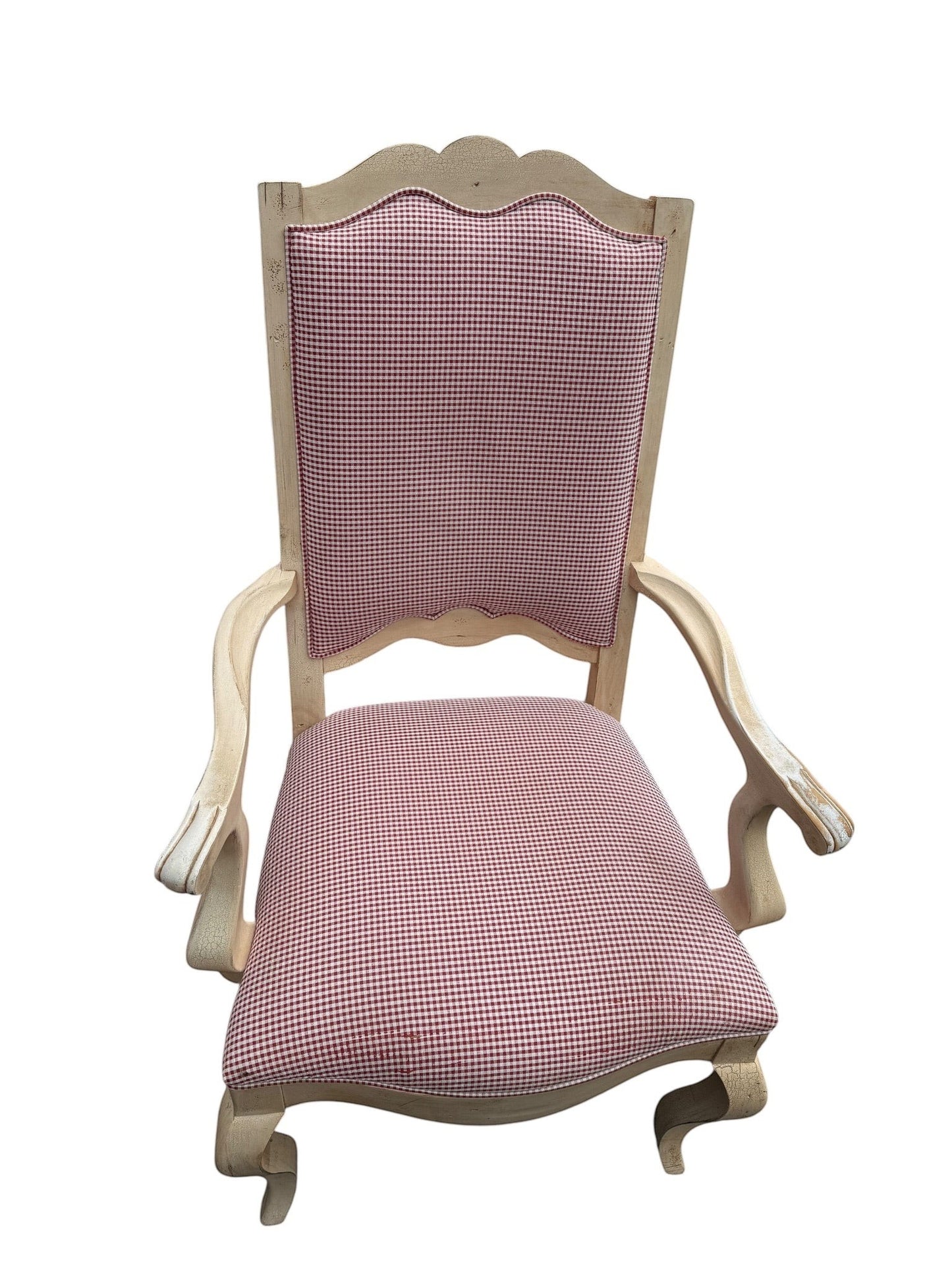 Grand Expressions Gallery and Home Store Century Furniture ladder-back dining chair with red and white gingham fabric.