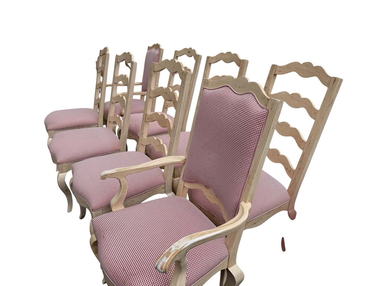 Set of 8 Century Furniture ladder-back dining chairs with red and white gingham upholstery from Grand Expressions Gallery and Home Store.