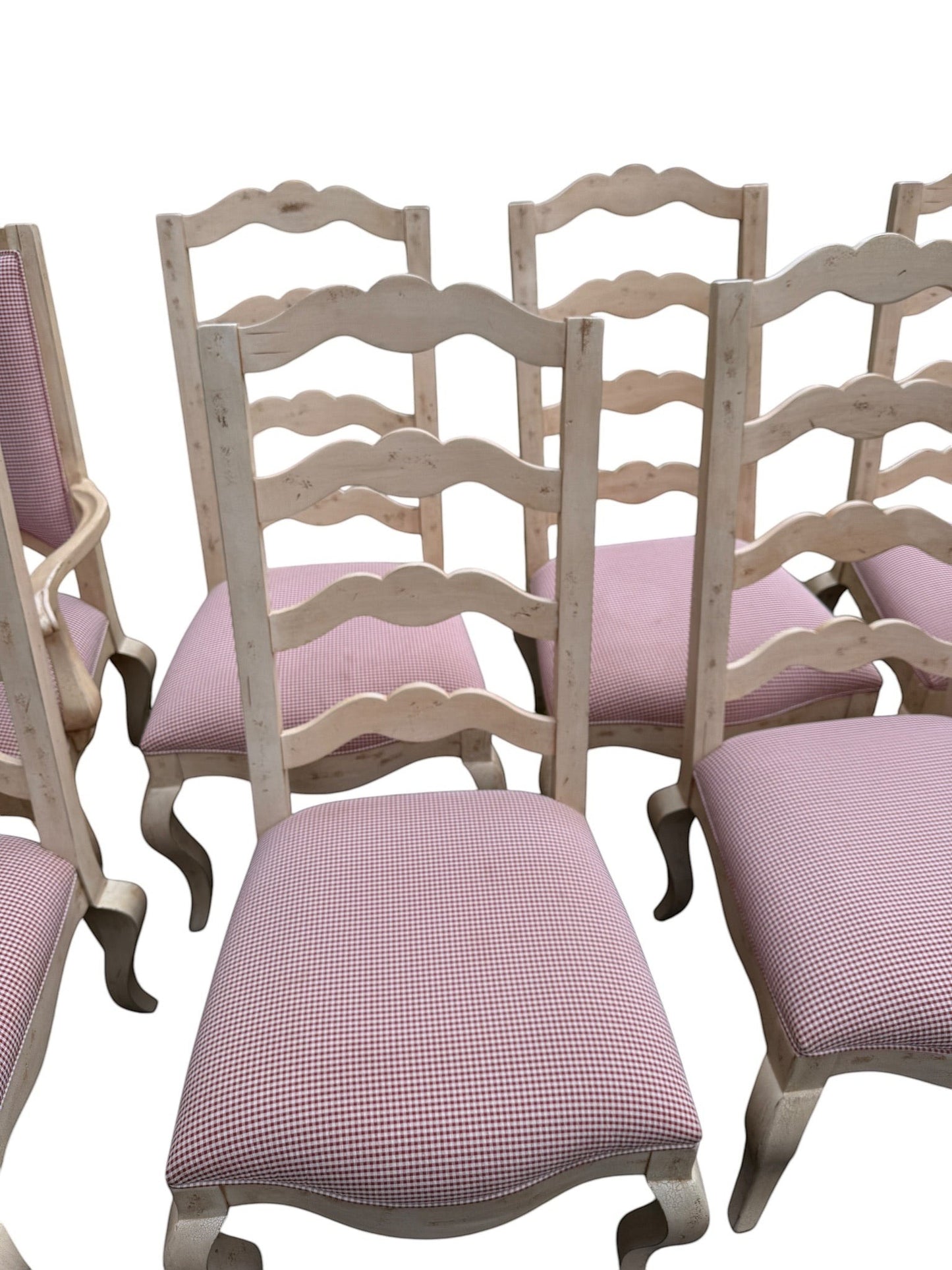 Grand Expressions Gallery and Home Store set of 8 Century Furniture ladder-back dining chairs with red gingham seats.