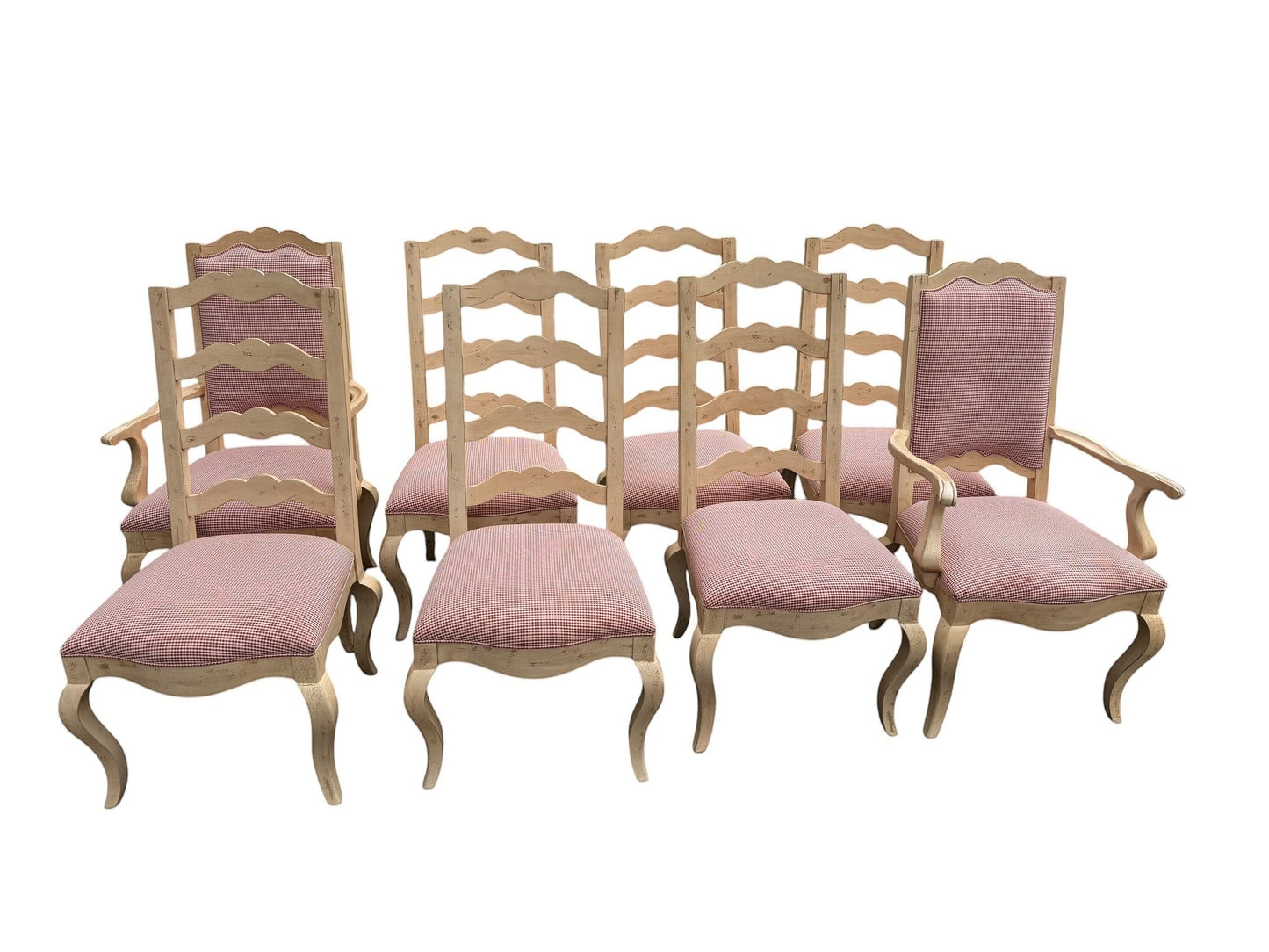 Grand Expressions Gallery and Home Store set of 8 Century Furniture ladder-back dining chairs with red gingham seats.
