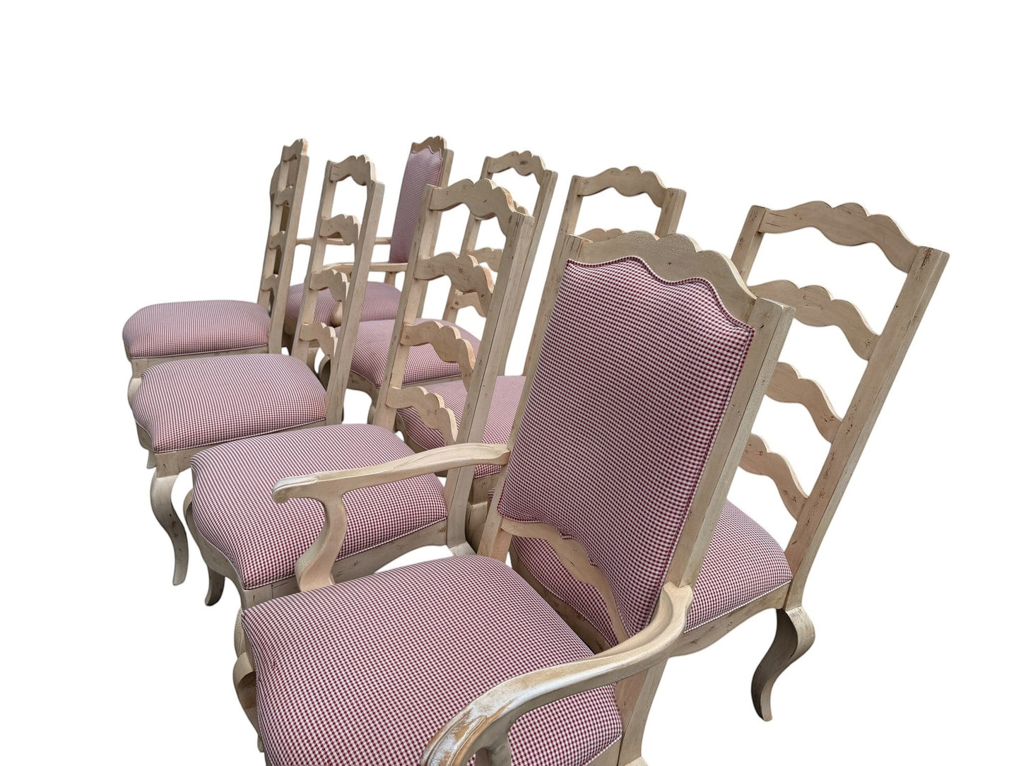 Set of 8 Century Furniture ladder-back dining chairs with red and white gingham fabric from Grand Expressions Gallery and Home Store