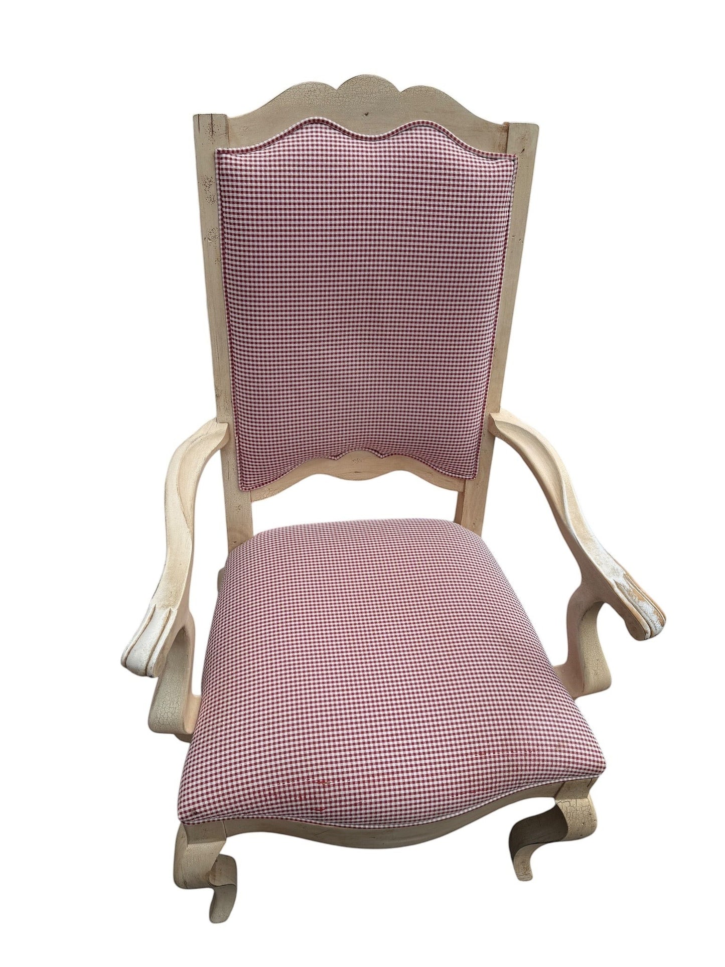 Grand Expressions Gallery and Home Store set of 8 Century Furniture dining chairs with red and white gingham fabric.