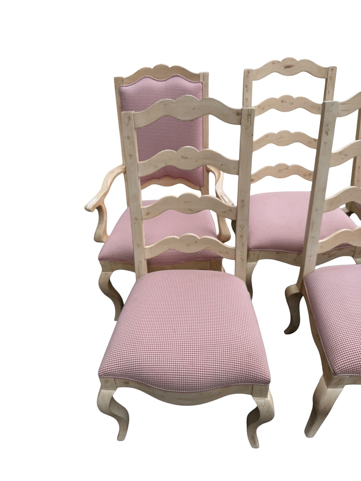 Grand Expressions Gallery and Home Store set of 8 Century Furniture ladder-back dining chairs with pink gingham seats.