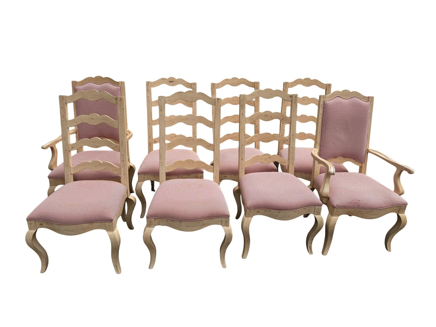 Set of 8 Century Furniture ladder-back dining chairs with cream wood frames and red and white gingham fabric seats.