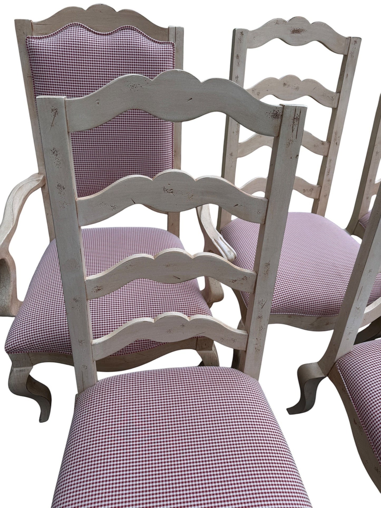Grand Expressions Gallery and Home Store set of 8 Century Furniture ladder-back chairs with red and white gingham seats