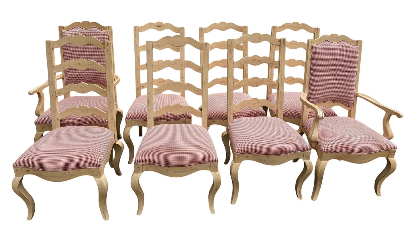 Set of 8 Century Furniture ladder-back dining chairs with distressed cream frames and red and white gingham seats.