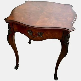 Grand Expressions Gallery and Home Store Louis XV side table with wood veneer, ormolu brass trim, and cabriole legs.