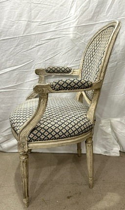Grand Expressions Gallery and Home Store antique Louis XVI fauteuil with blue and cream needlepoint diamond upholstery