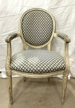 Grand Expressions Gallery and Home Store Louis XVI fauteuil with original painted beechwood and blue diamond needlepoint
