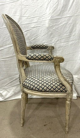 Grand Expressions Gallery and Home Store Louis XVI fauteuil with blue and cream diamond needlepoint and painted beech