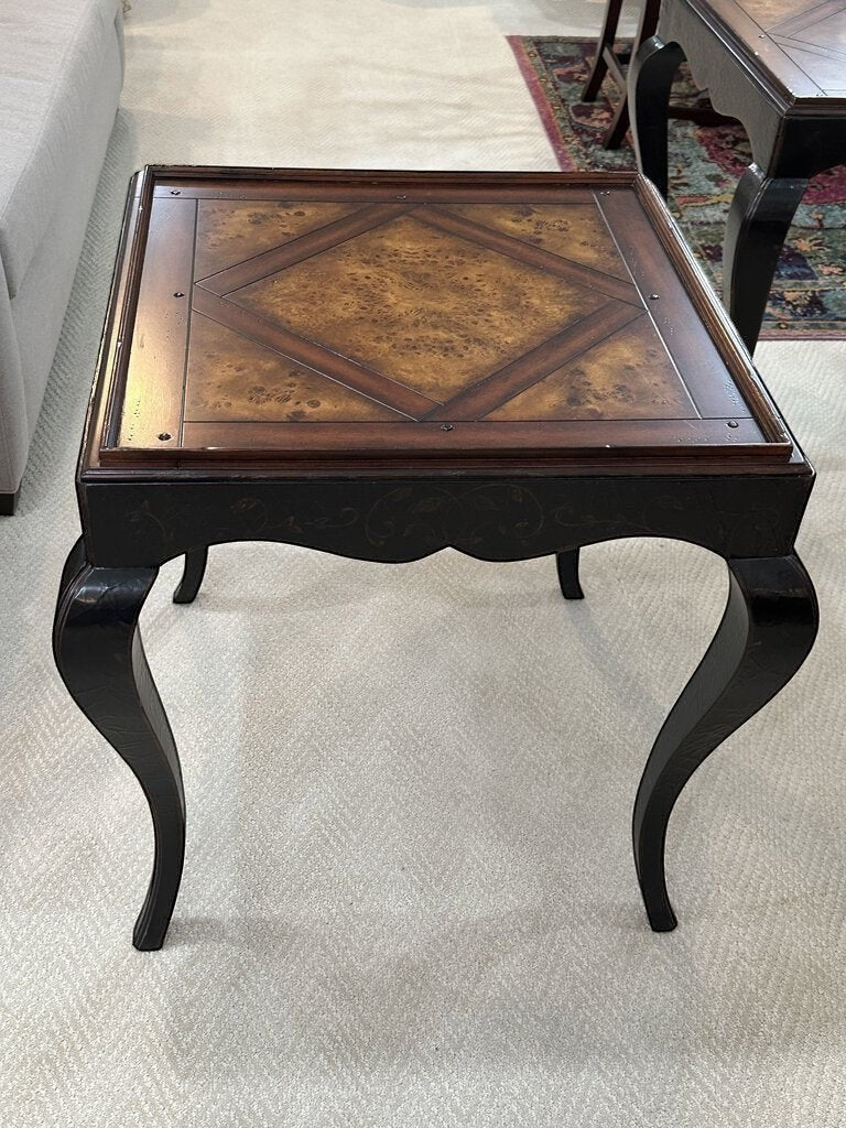 Grand Expressions Gallery and Home Store mahogany end table with parquet inlay and elegant creole style legs.