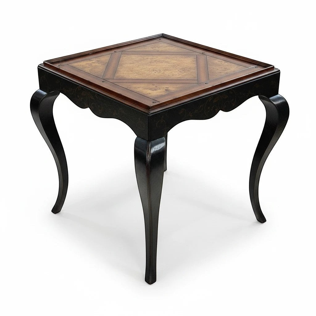 Grand Expressions Gallery and Home Store mahogany end table with parquet inlay and elegant curved creole legs.