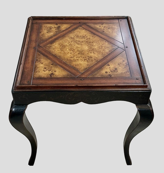 Grand Expressions Gallery and Home Store mahogany end table with parquet inlay and elegant creole style legs.