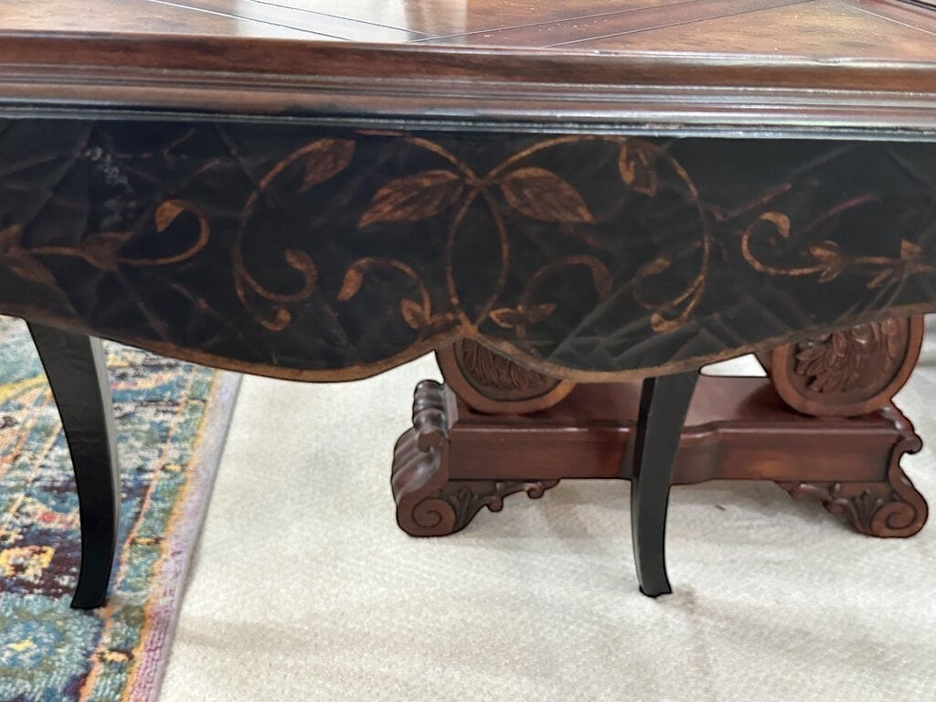 Grand Expressions Gallery and Home Store mahogany end table set with parquet inlay, creole legs, and floral details.