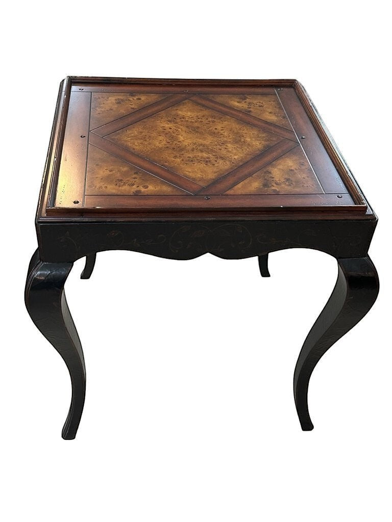Grand Expressions Gallery and Home Store mahogany end table with parquet inlay and elegant curved creole style legs.