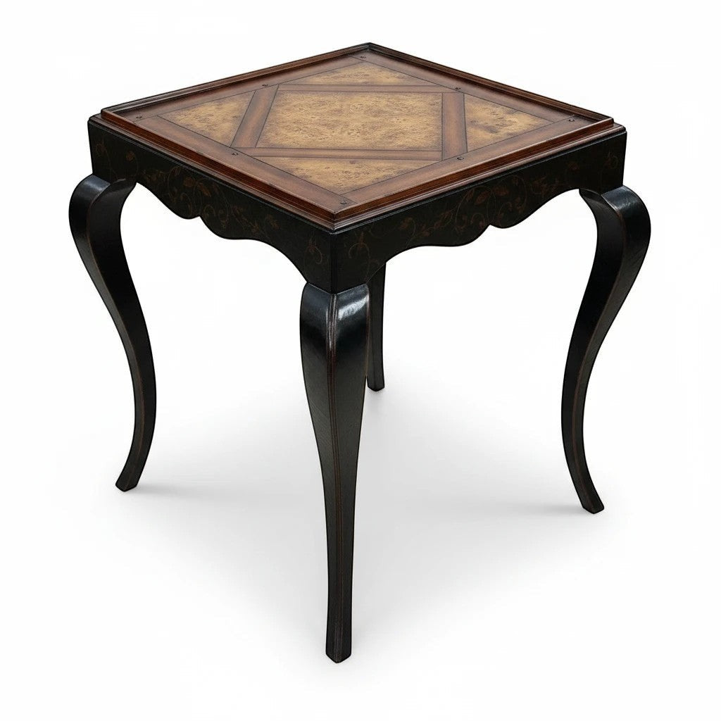 Grand Expressions Gallery and Home Store mahogany end table with parquet inlay and elegant creole style legs.