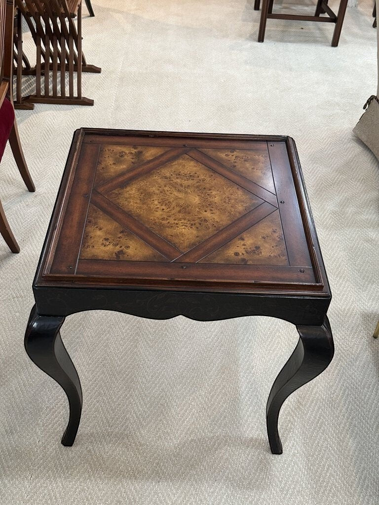 Grand Expressions Gallery and Home Store mahogany end table with parquet inlay and elegant creole style legs.