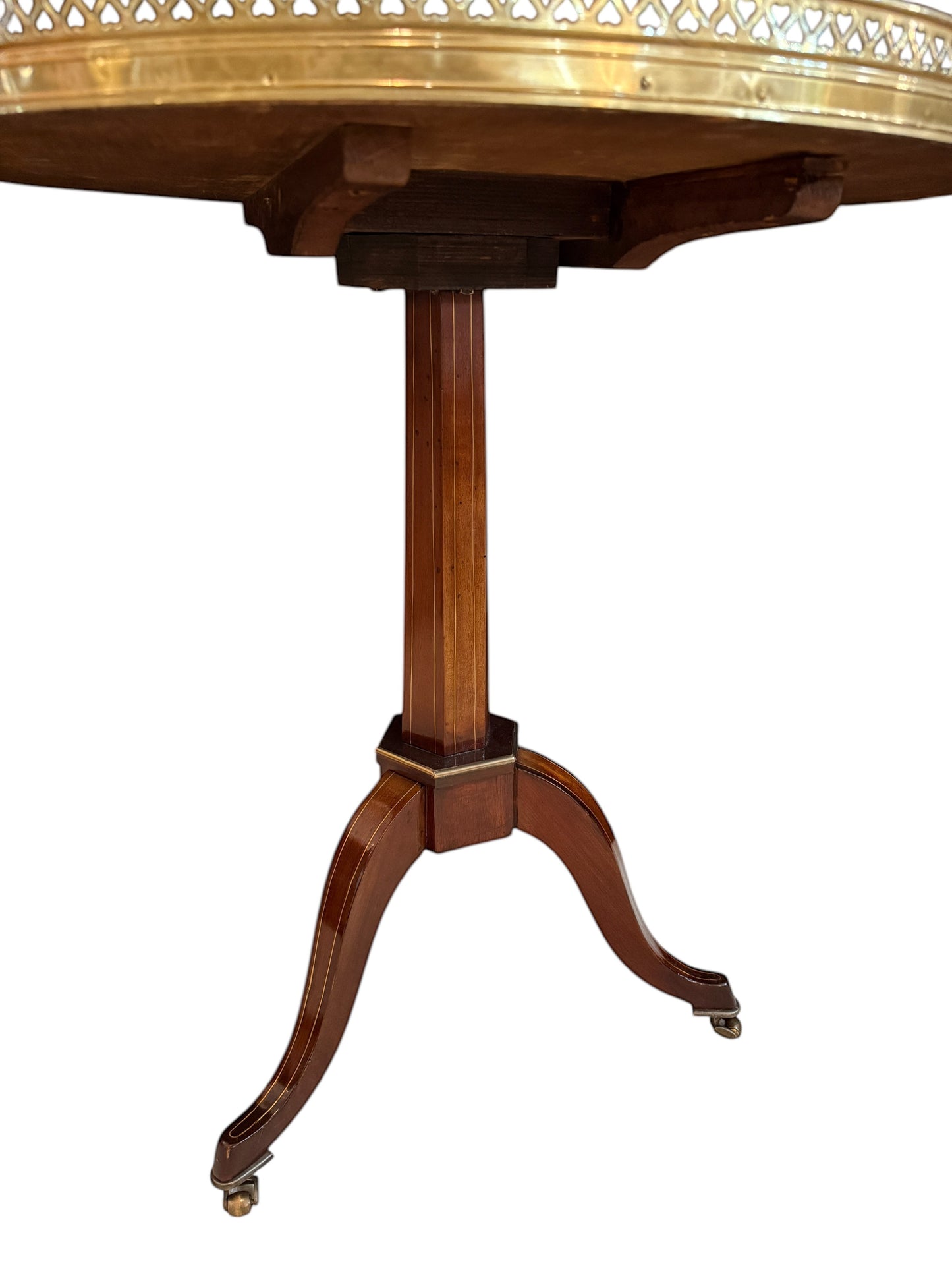 Grand Expressions Gallery and Home Store 18th century mahogany tripod side table with a pierced brass gallery.