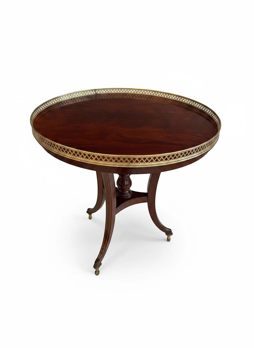 Grand Expressions Gallery and Home Store antique George III mahogany tripod side table with a pierced brass gallery.