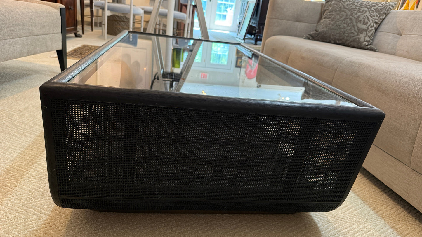 Grand Expressions Gallery and Home Store McGuire Ladera coffee table with black mesh base and glass top.