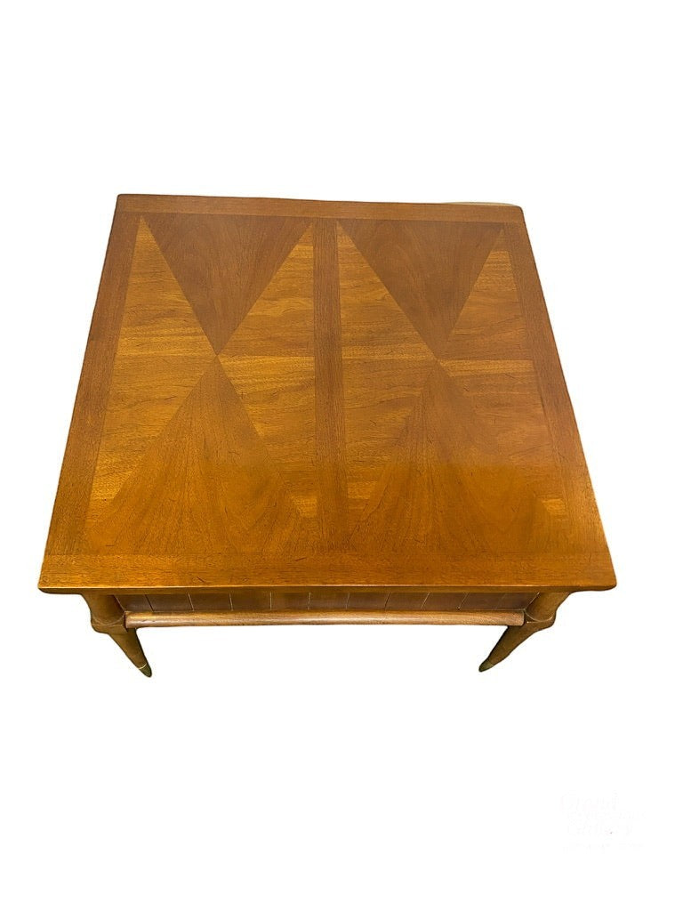 Grand Expressions Gallery and Home Store MCM accent table by American of Martinville with geometric wood veneer top.
