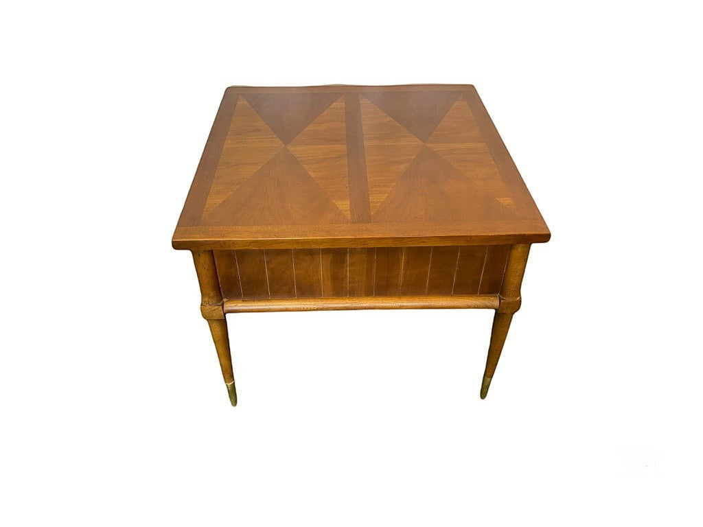 Grand Expressions Gallery and Home Store MCM accent table by American of Martinville with wood veneer and brass feet.