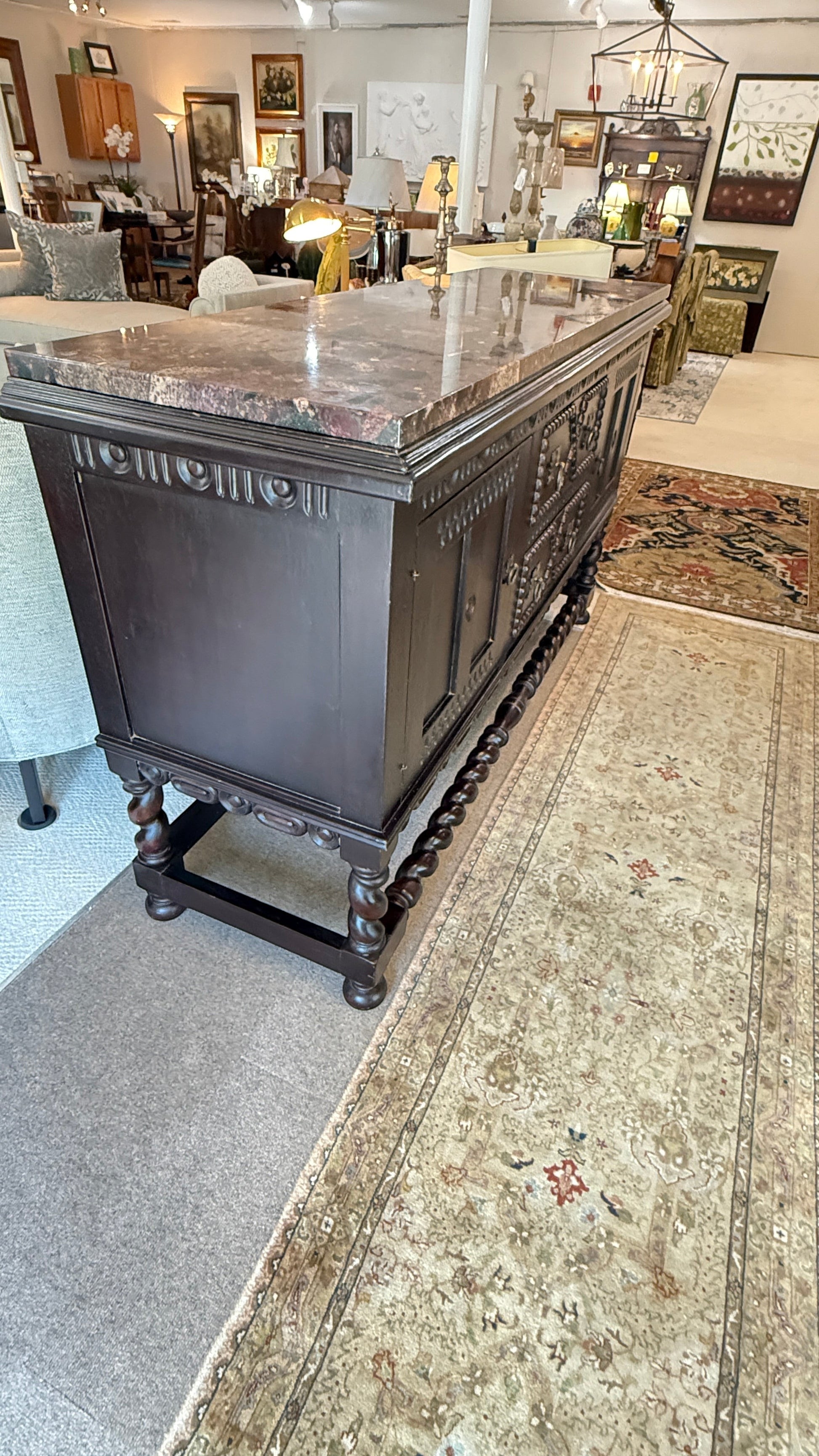 Grand Expressions Gallery and Home Store Mission buffet with espresso mahogany finish and rustic granite top.