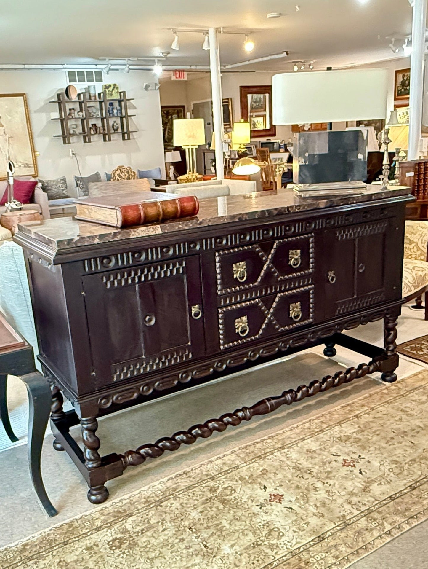 Grand Expressions Gallery and Home Store Mission buffet server in espresso mahogany with a rustic granite top.