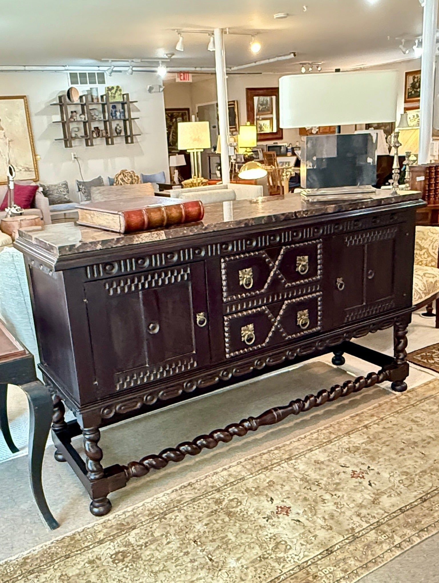 Grand Expressions Gallery and Home Store Mission buffet server in espresso mahogany with a rustic granite top.