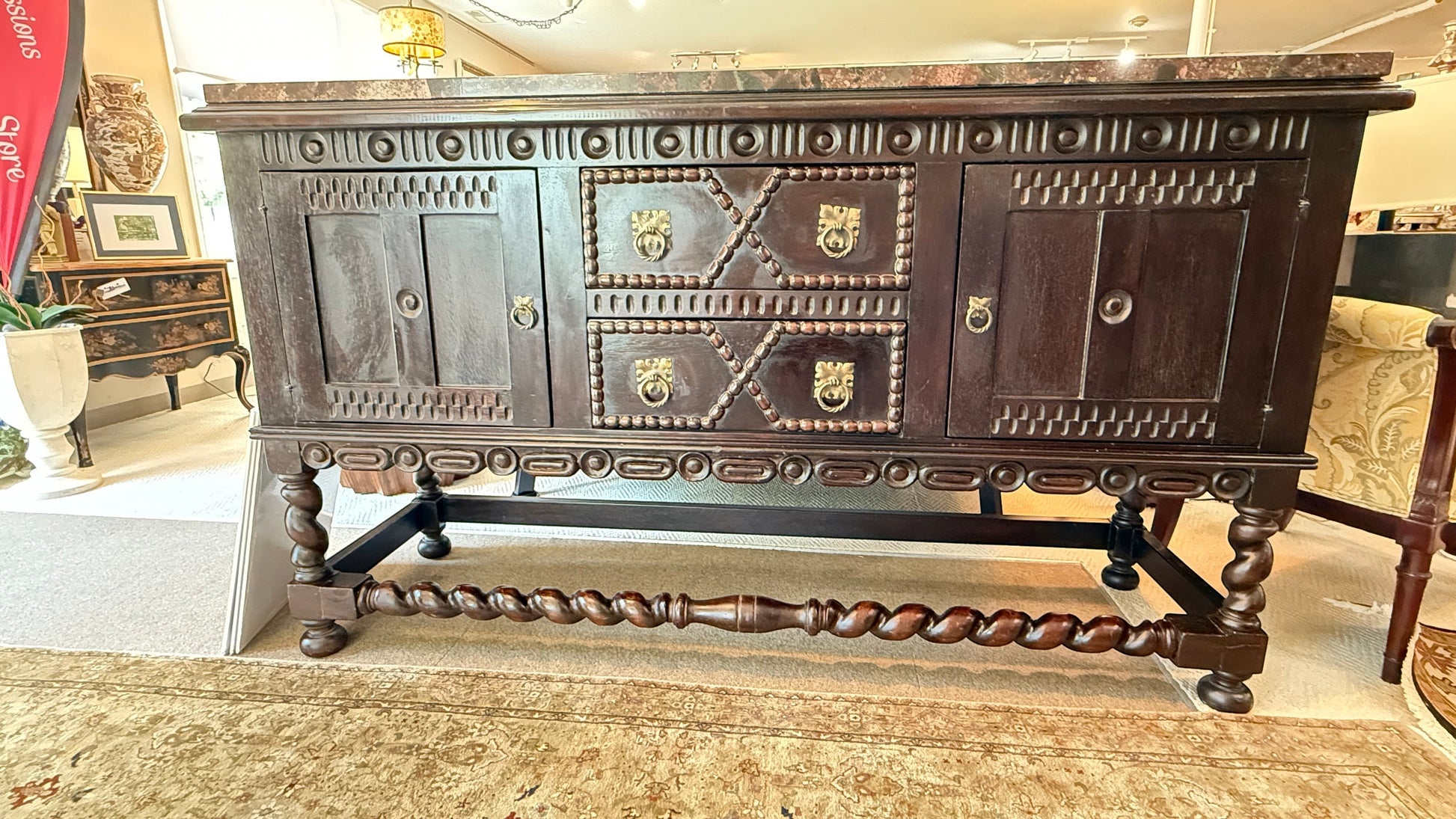 Grand Expressions Gallery and Home Store Mission buffet with espresso mahogany, granite top, and barley twist legs.