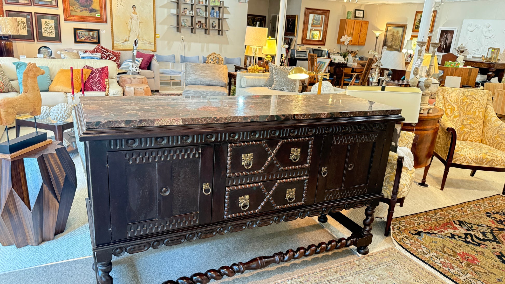 Grand Expressions Gallery and Home Store Mission buffet with espresso mahogany finish, granite top, and barley twist legs.