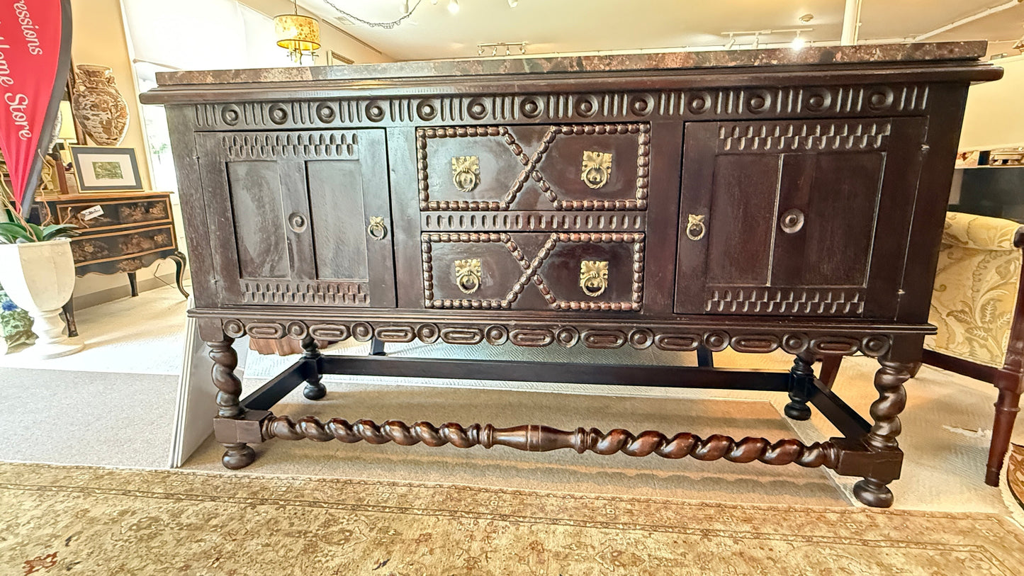 Grand Expressions Gallery and Home Store Mission buffet with espresso mahogany wood, granite top, and barley twist legs.