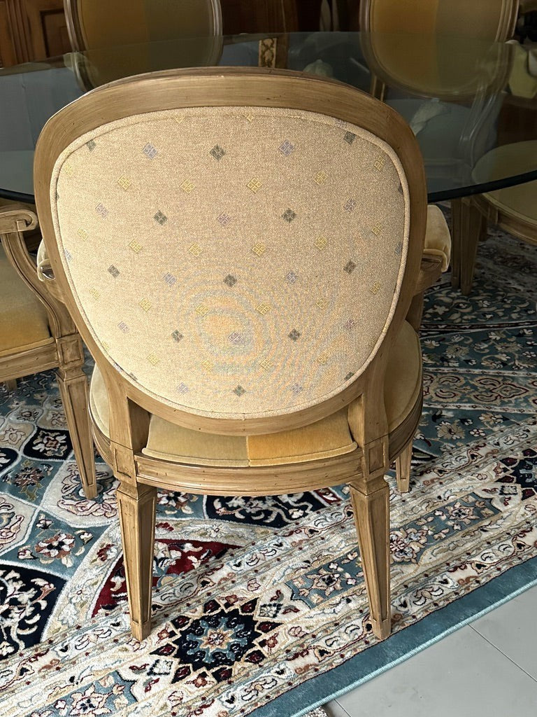 Grand Expressions Gallery and Home Store set of 2 French Provincial mohair dining chairs with blonde wood trim.