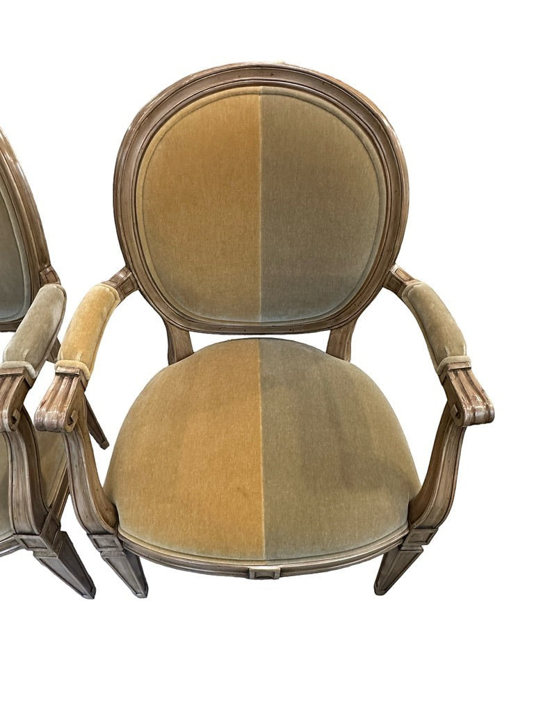 Grand Expressions Gallery and Home Store set of 2 French Provincial mohair dining chairs in split gold and green.