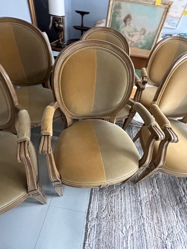 Grand Expressions Gallery and Home Store set of 2 French Provincial dining chairs with gold and green mohair fabric.