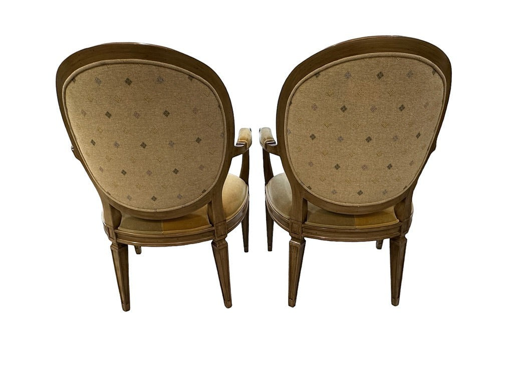 Grand Expressions Gallery and Home Store set of 2 French Provincial mohair dining chairs with blonde wood trim.