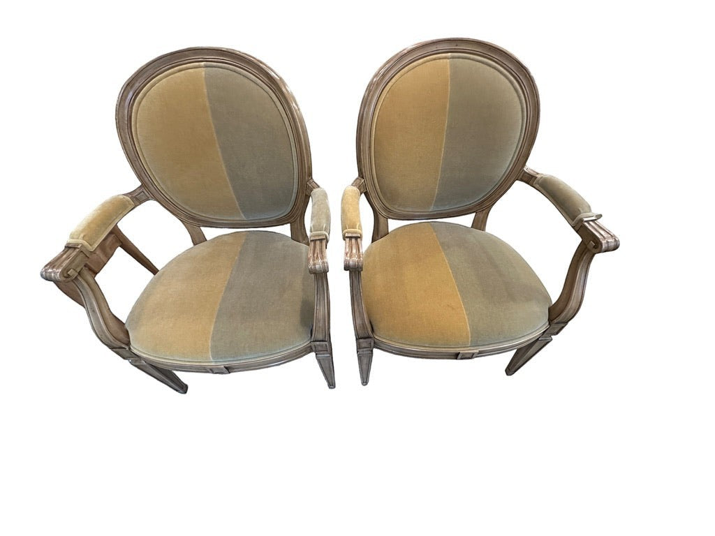 Grand Expressions Gallery and Home Store set of 2 French Provincial mohair dining chairs in muted gold and green.