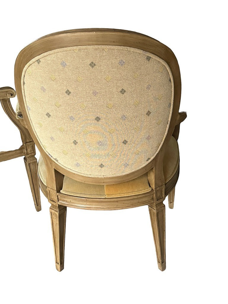 Grand Expressions Gallery and Home Store set of 2 French Provincial mohair dining chairs with blonde wood trim.